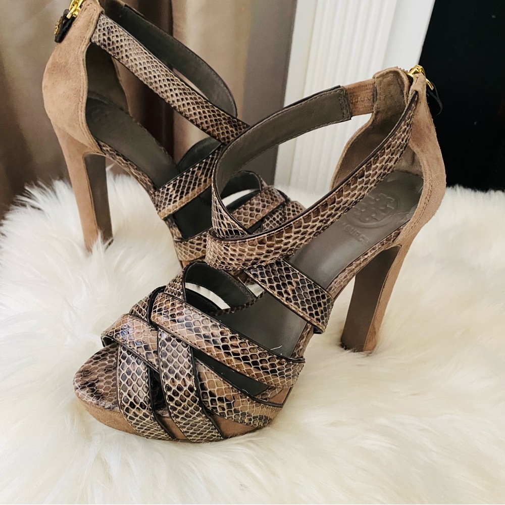 Tory Burch Python Leather and Suede Platform Heel Sandals